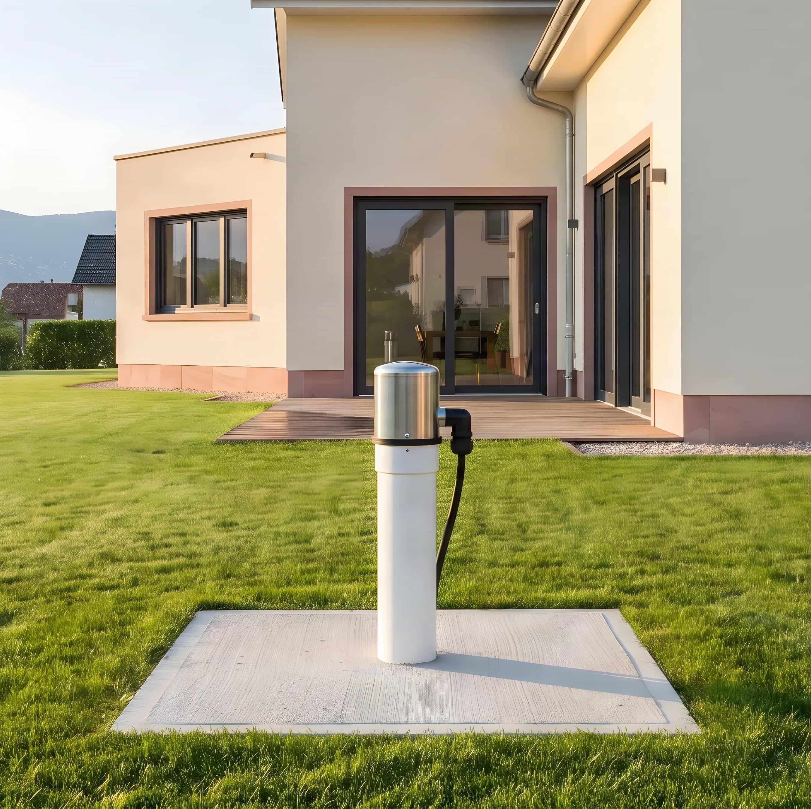 Tête de puits en inox sur sa dalle dans un jardin de la plaine d'Alsace, les Vosges au fond