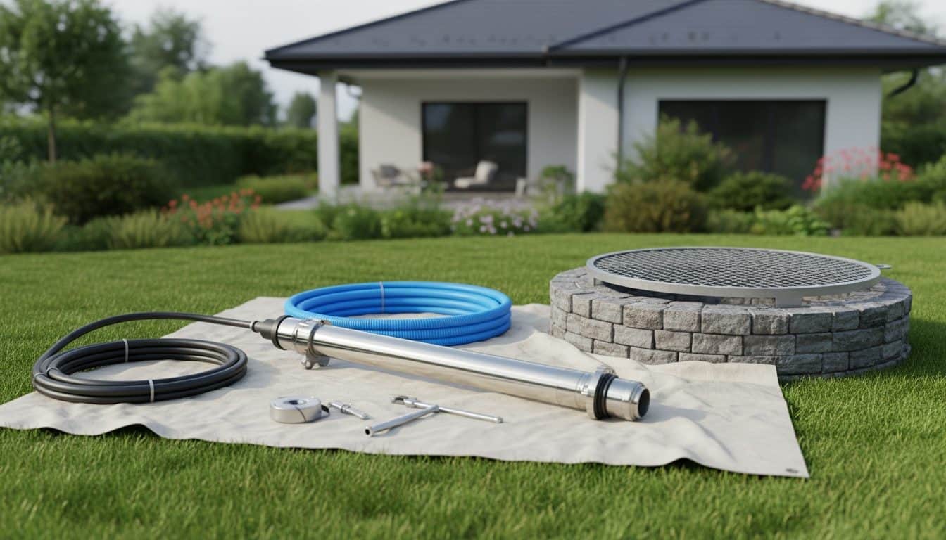 Pompe immergée inox, tuyau bleu et câble posés sur une bâche à côté du puits, prêts à descendre