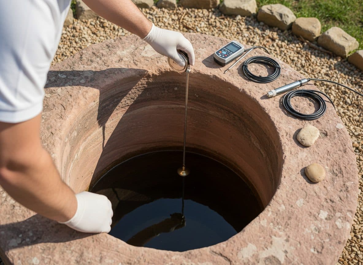 Sonde descendue dans un ancien puits maçonné, premier geste avant de remettre un puits en état vers Erstein