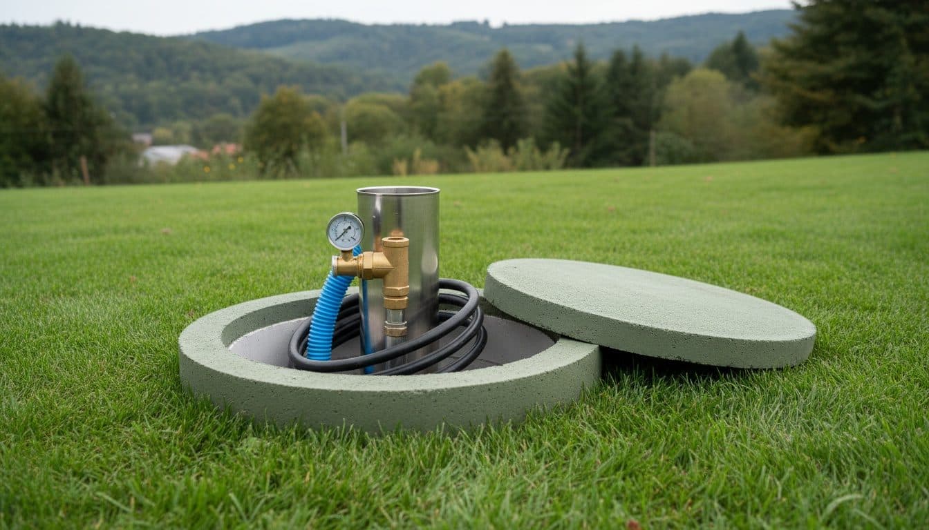 Regard de forage ouvert dans la pelouse, tête de tube acier, tuyau bleu, câble et manomètre, collines boisées derrière