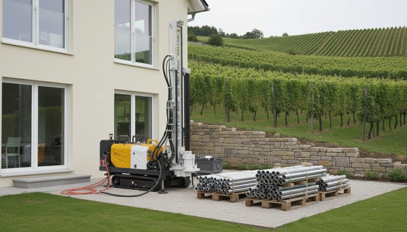 Foreuse compacte dans le jardin d’une maison au pied des coteaux de vigne, tubes rangés sur palettes