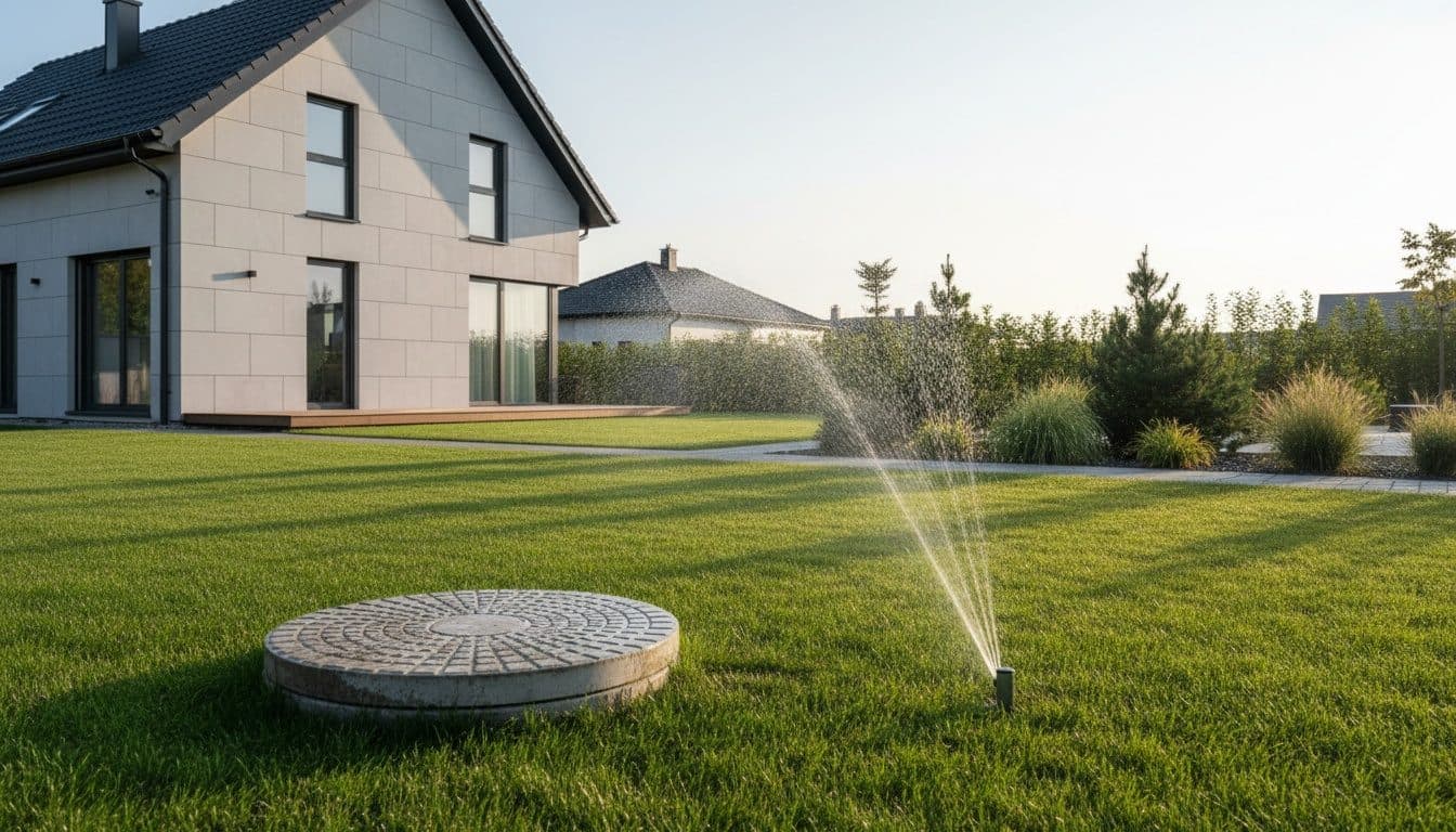 Regard de forage au ras d’une pelouse de lotissement récent, arroseur en marche devant une maison moderne