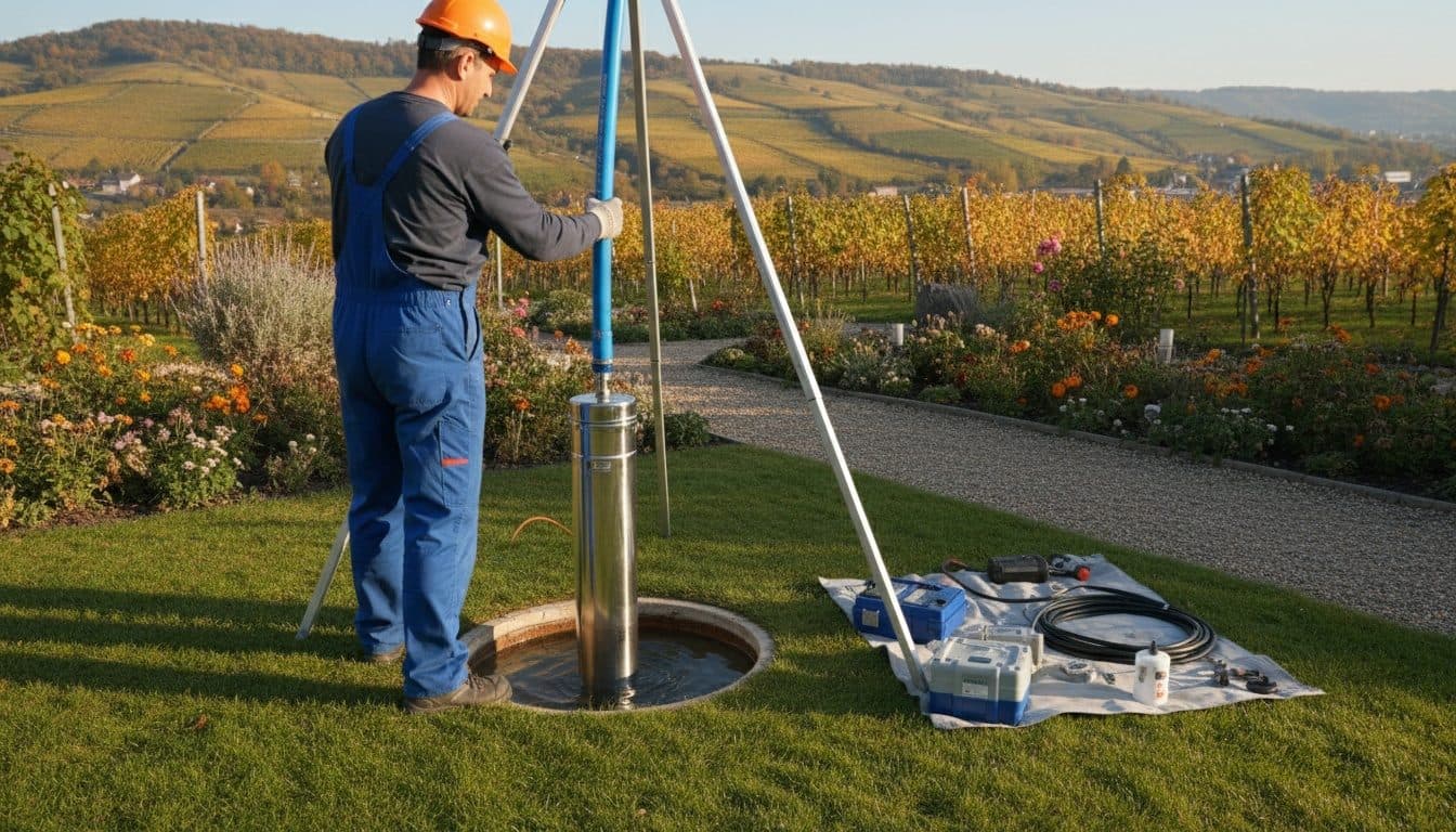 Pompe immergée inox descendue dans un forage de jardin, coteaux de vigne à l’automne au loin
