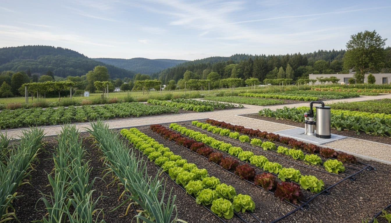 Potager arrosé au goutte-à-goutte depuis un forage et son filtre, collines boisées des Vosges au loin