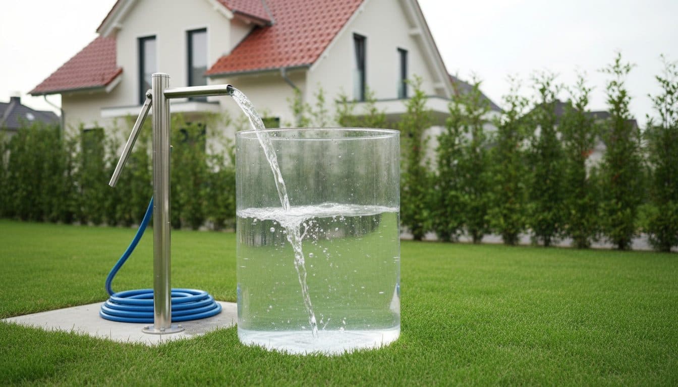 Pompage d’essai d’un forage neuf, eau claire qui remplit une cuve transparente posée sur la pelouse