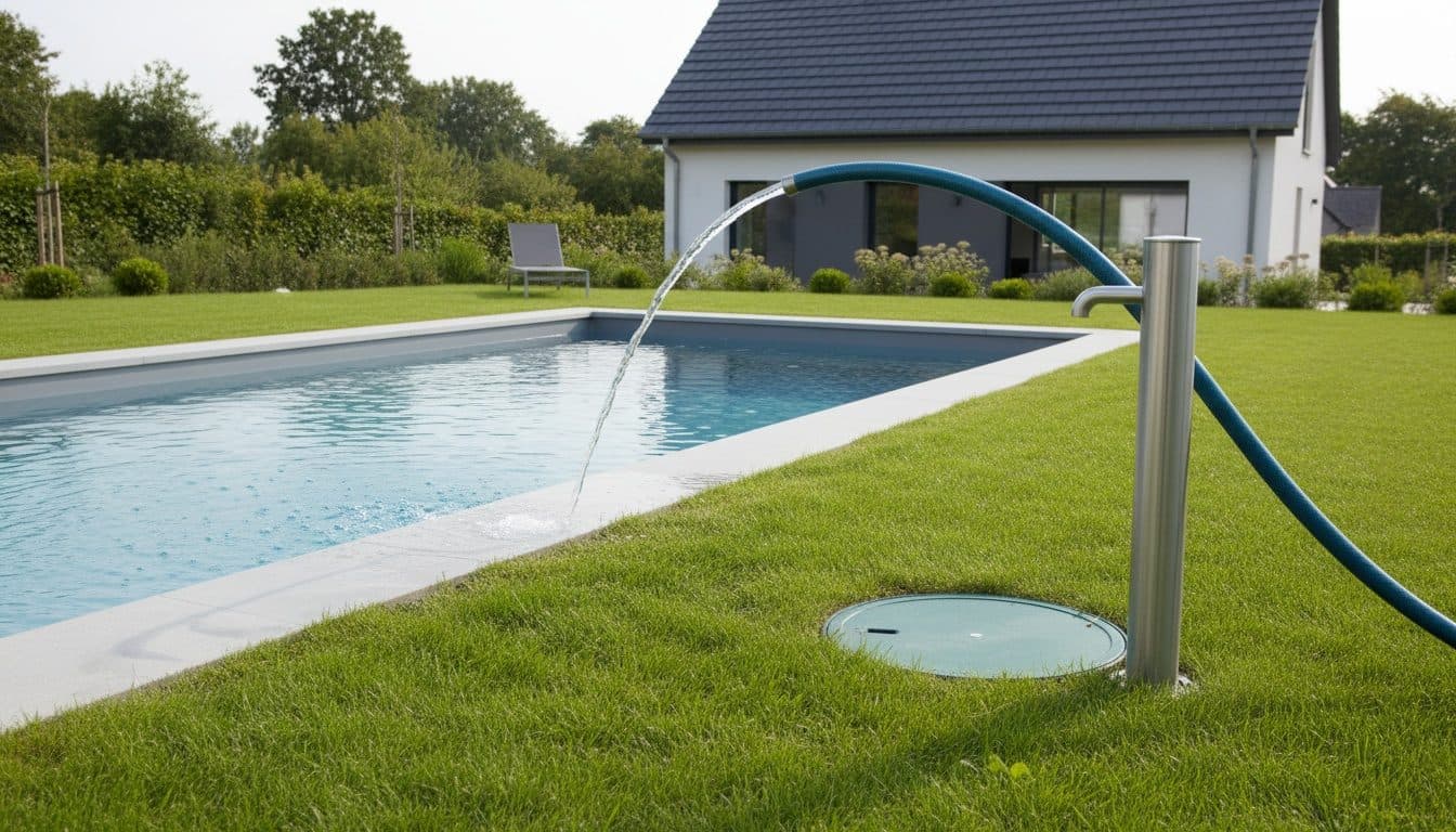 Piscine de jardin remplie au tuyau depuis le robinet du forage, regard vert au ras de la pelouse