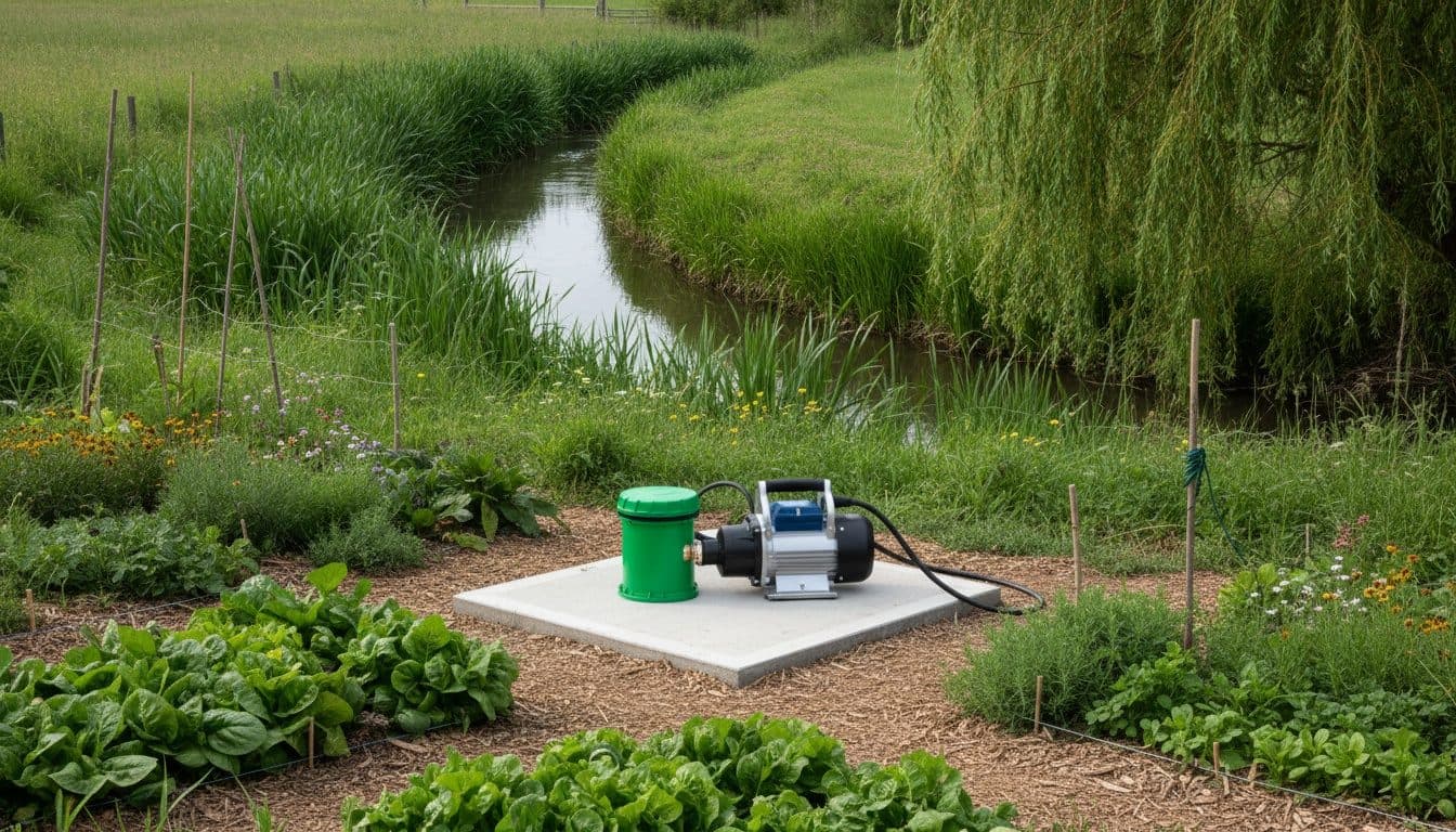 Puits peu profond du Ried avec pompe de surface sur dalle, au milieu du potager, saules et roseaux au bord d’un ruisseau