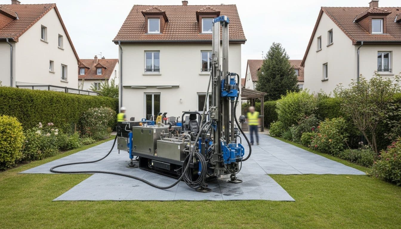 Foreuse compacte installée sur des plaques de protection dans le jardin étroit d’une maison de quartier résidentiel