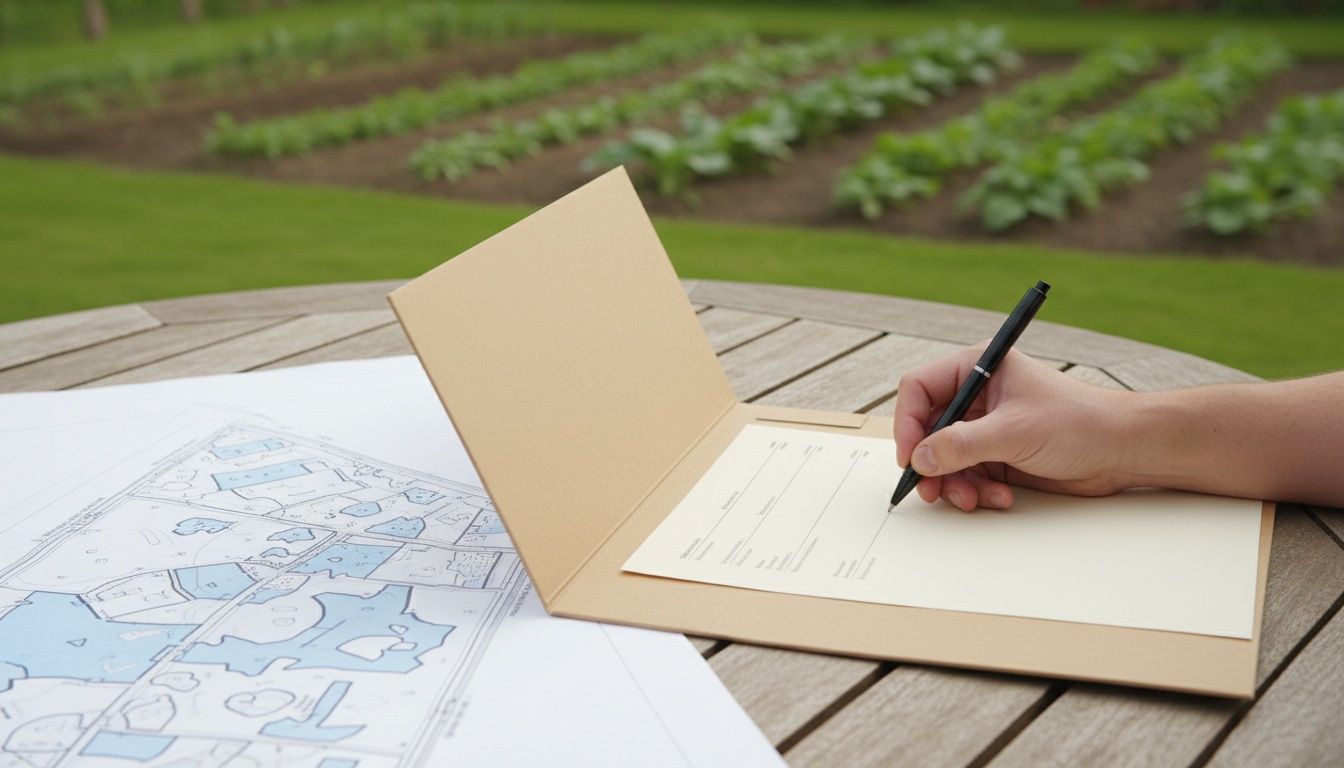Dossier de déclaration de forage rempli posé sur une table de jardin, plan cadastral et stylo à côté
