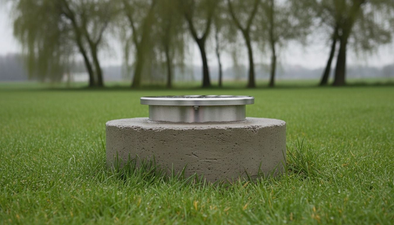 Tête de forage cimentée et fermée par un capot inox, rehaussée au-dessus d'une pelouse humide du Ried
