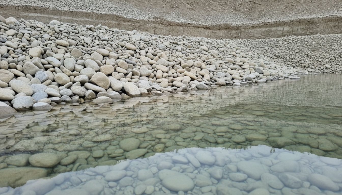 Coupe de graviers et galets du Rhin baignés d'eau claire, vue sur un talus propre de gravière