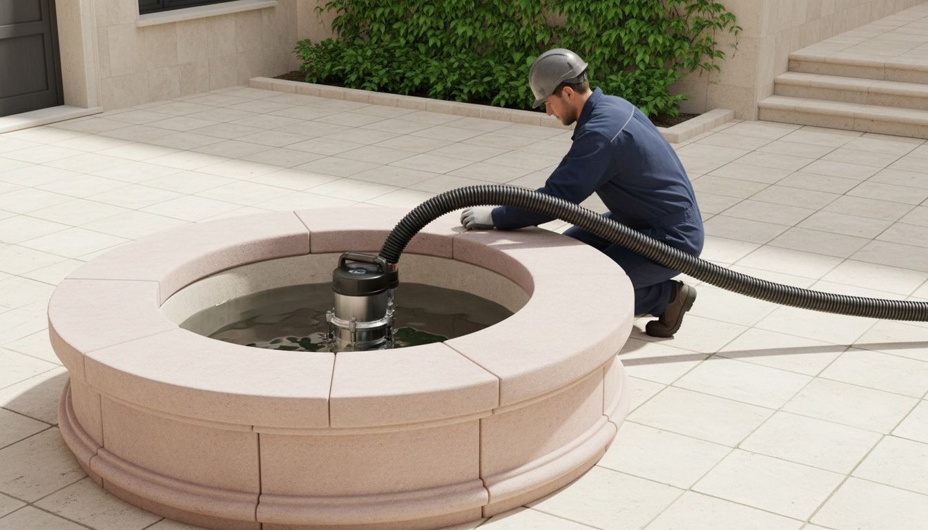 Pompe de vidange immergée et tuyau souple sortant d'un puits de cour ouvert, margelle de grès rose propre