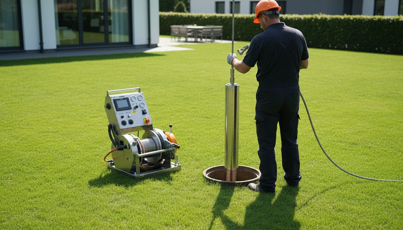 Pompe immergée suspendue à son câble inox au-dessus d'un tubage de forage ouvert dans un jardin propre
