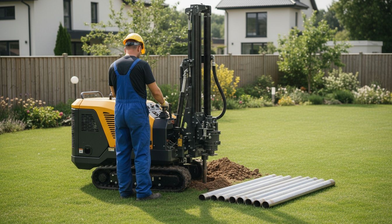 Foreuse compacte sur chenilles en action au fond d'un jardin de lotissement, tubes neufs alignés à côté