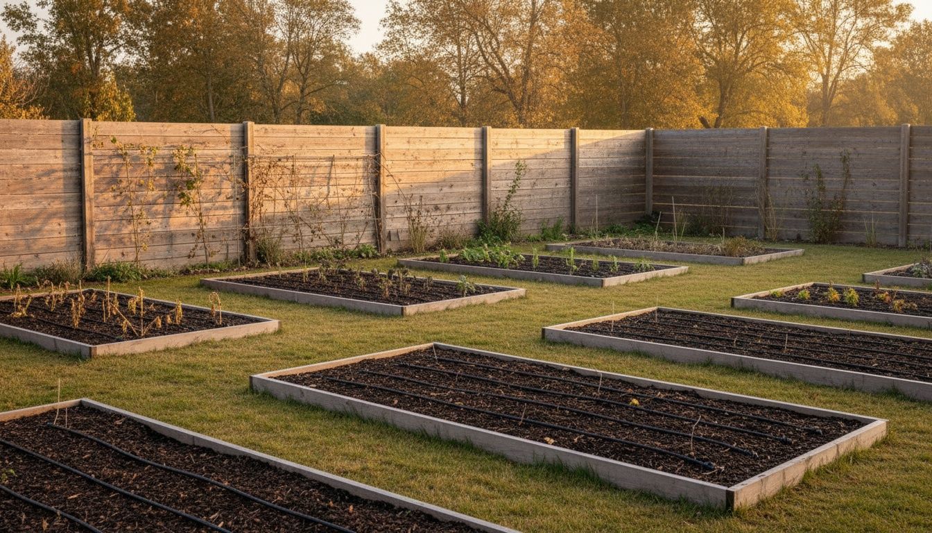 Pelouse jaunie laissée au repos et potager paillé arrosé au goutte-à-goutte dans un jardin du Haut-Rhin